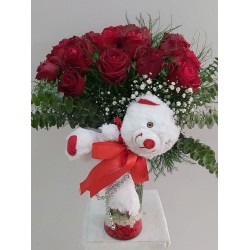 Cam Vazoda 15 Kırmızı Gül ve Ayıcık