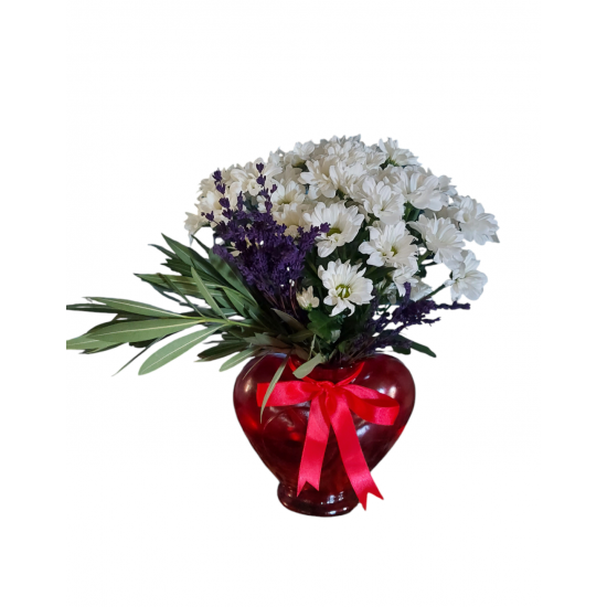 Kırmızı Kalp Vazoda Papatya