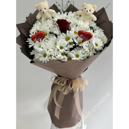 Papatya Gül Ayıcık & Çikolata Buketi